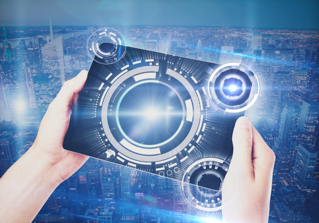 Tablet mit abstrakten digitalen Tasten – symbolisiert technologische Entwicklungen in IO-Link, Embedded-Systems und industrieller Kommunikation.
